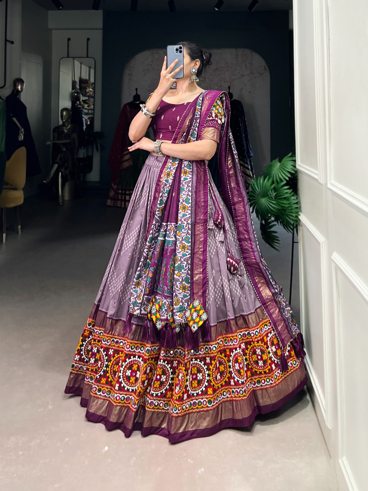 Lorenvalley Wine Tussar Silk Dot and Ikkat Print with Mirror Gamthi Work and Foil Work Lehenga Choli with Dupatta | Swadesiicart