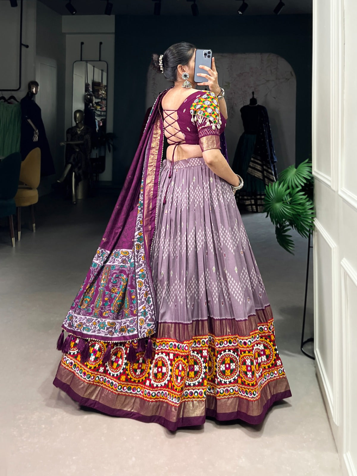 Lorenvalley Wine Tussar Silk Dot and Ikkat Print with Mirror Gamthi Work and Foil Work Lehenga Choli with Dupatta | Swadesiicart