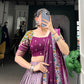 Lorenvalley Wine Tussar Silk Dot and Ikkat Print with Mirror Gamthi Work and Foil Work Lehenga Choli with Dupatta | Swadesiicart