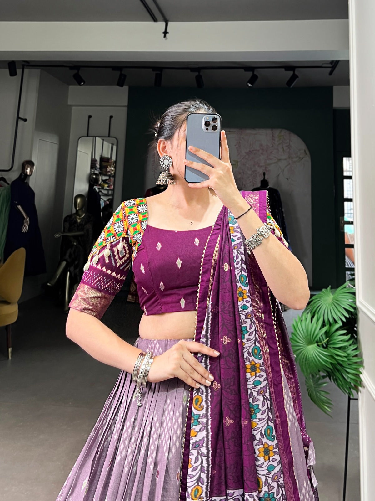 Lorenvalley Wine Tussar Silk Dot and Ikkat Print with Mirror Gamthi Work and Foil Work Lehenga Choli with Dupatta | Swadesiicart