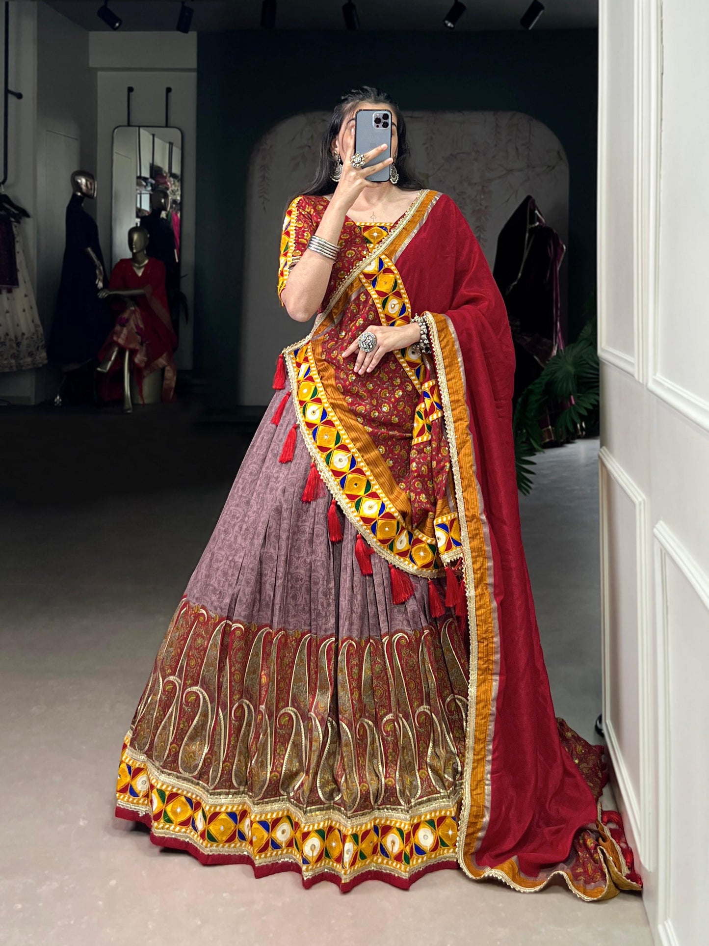 Lorenvalley Fashion Tasar Silk Kashmiri Print With Foil Print And Original Mirror Gamthi work Lehenga Choli with Dupatta - Swadesiicart
