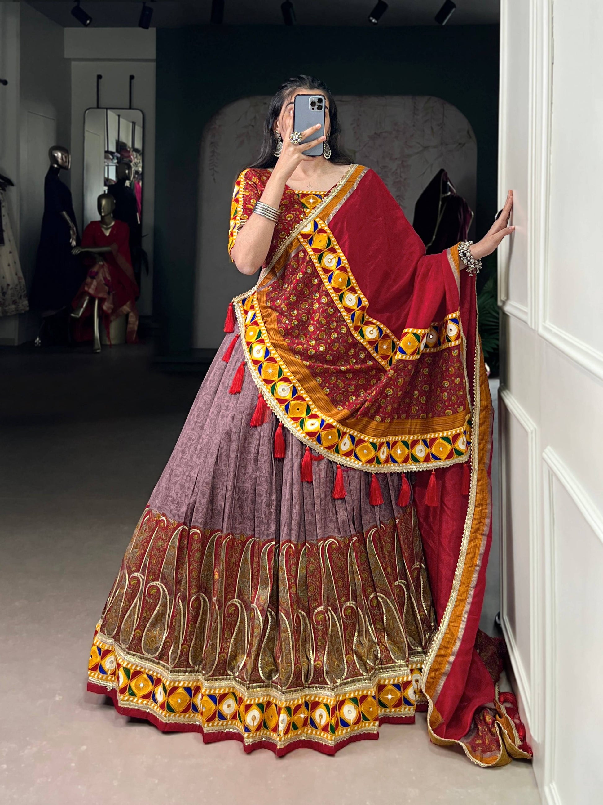 Lorenvalley Fashion Tasar Silk Kashmiri Print With Foil Print And Original Mirror Gamthi work Lehenga Choli with Dupatta - Swadesiicart
