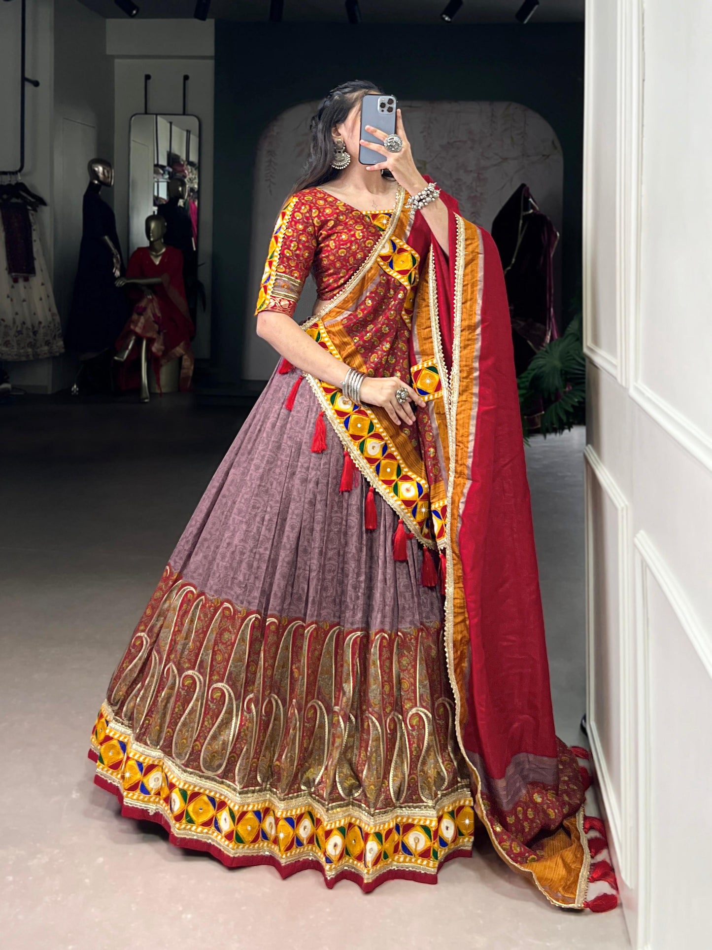 Lorenvalley Fashion Tasar Silk Kashmiri Print With Foil Print And Original Mirror Gamthi work Lehenga Choli with Dupatta - Swadesiicart