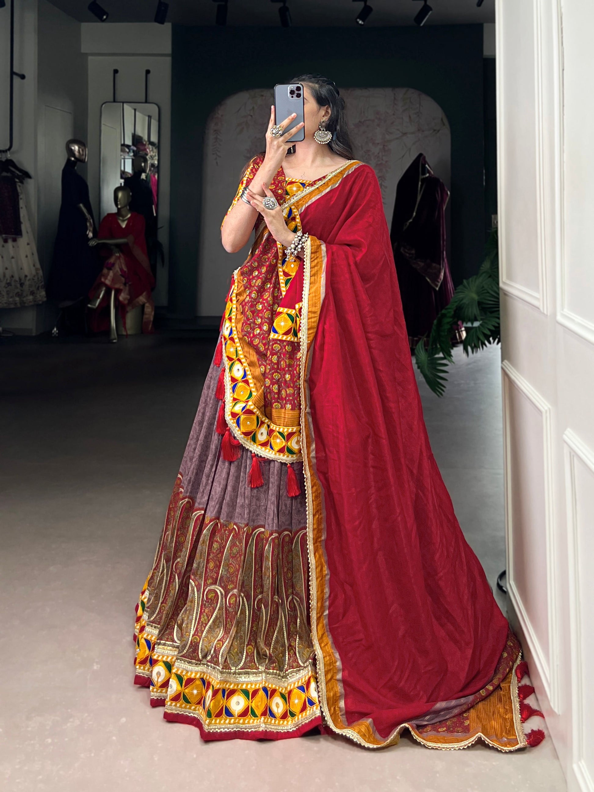 Lorenvalley Fashion Tasar Silk Kashmiri Print With Foil Print And Original Mirror Gamthi work Lehenga Choli with Dupatta - Swadesiicart