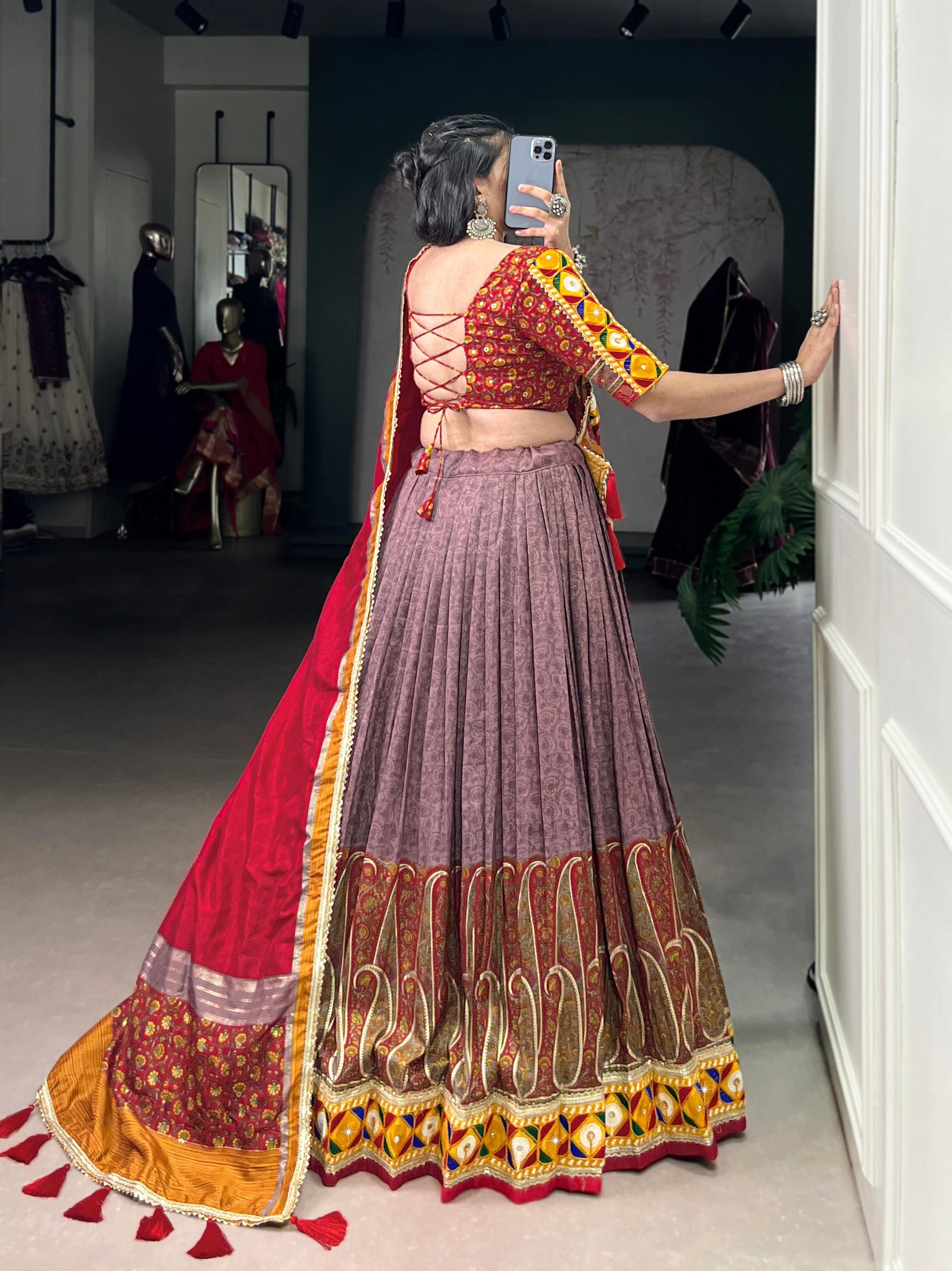Lorenvalley Fashion Tasar Silk Kashmiri Print With Foil Print And Original Mirror Gamthi work Lehenga Choli with Dupatta - Swadesiicart