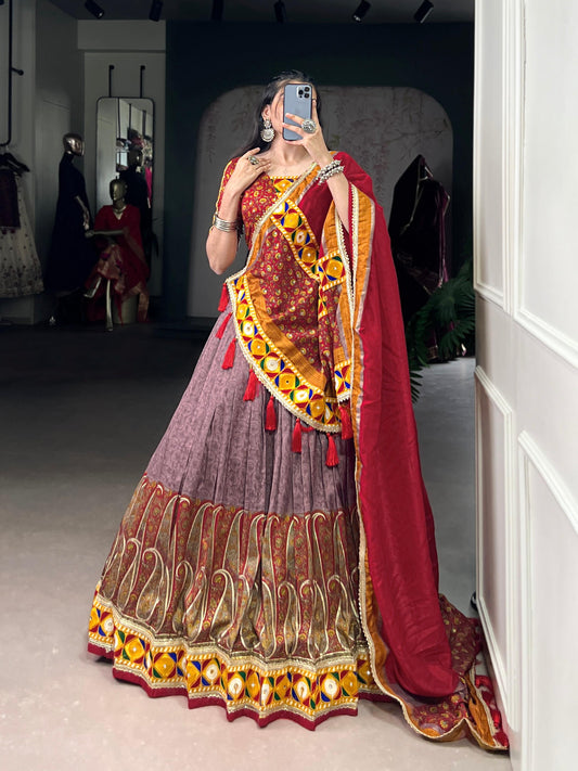Lorenvalley Fashion Tasar Silk Kashmiri Print With Foil Print And Original Mirror Gamthi work Lehenga Choli with Dupatta - Swadesiicart