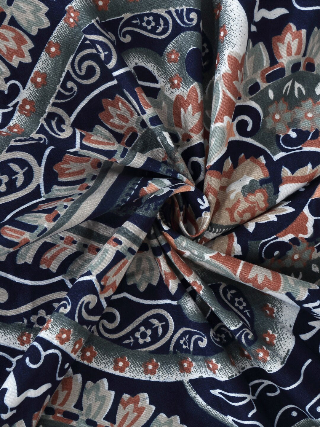 KLOTTHE Blue & Brown Ethnic Motif Printed 300 TC Fitted King Bedsheet With 2 Pillow Covers - Swadesiicart