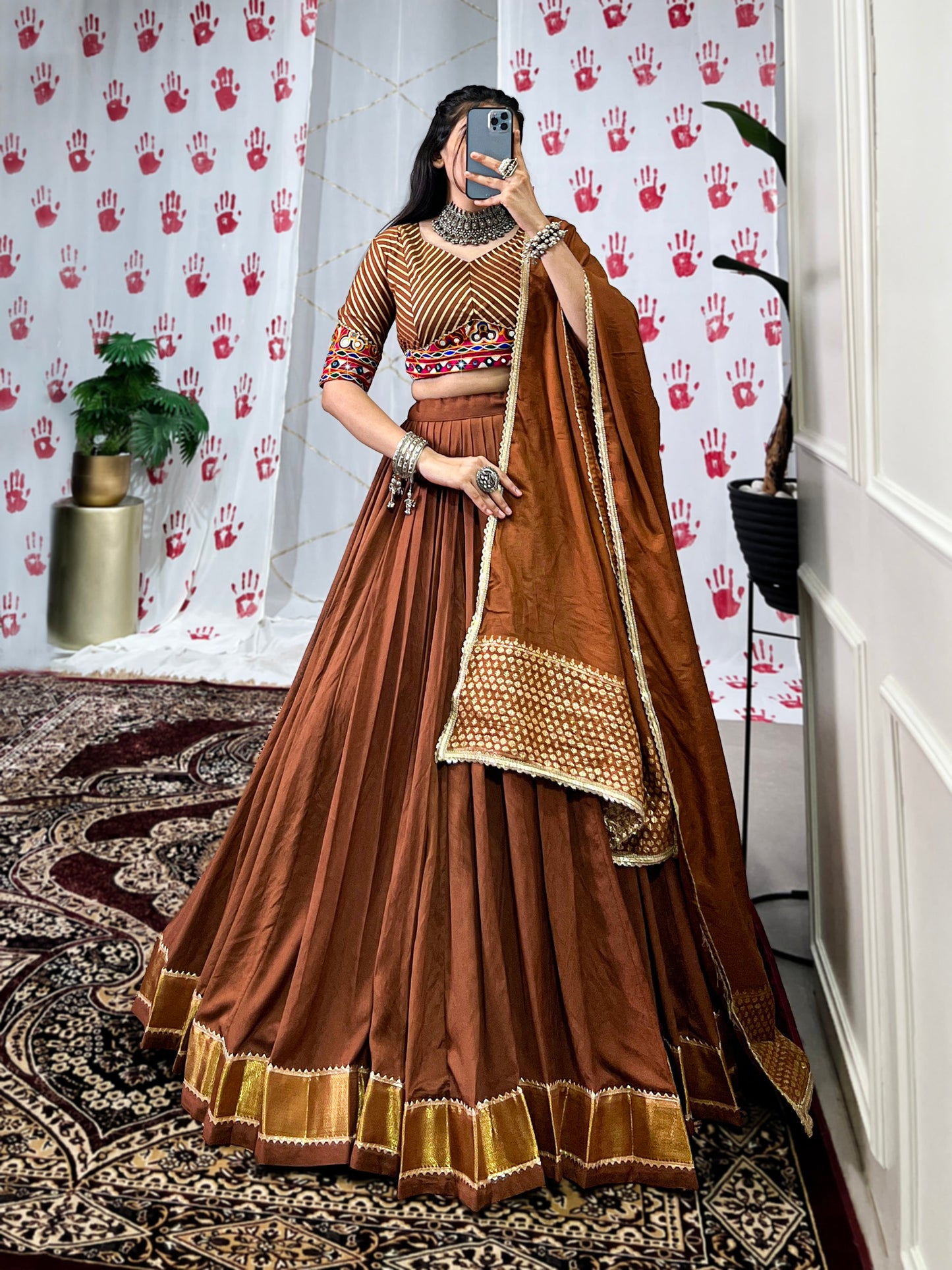 Lorenvalley Brown Pure Chanderi Zari Weaving Work With Gotta Patti Lace Touch Up Lehenga Choli with Dupatta | Swadesiicart