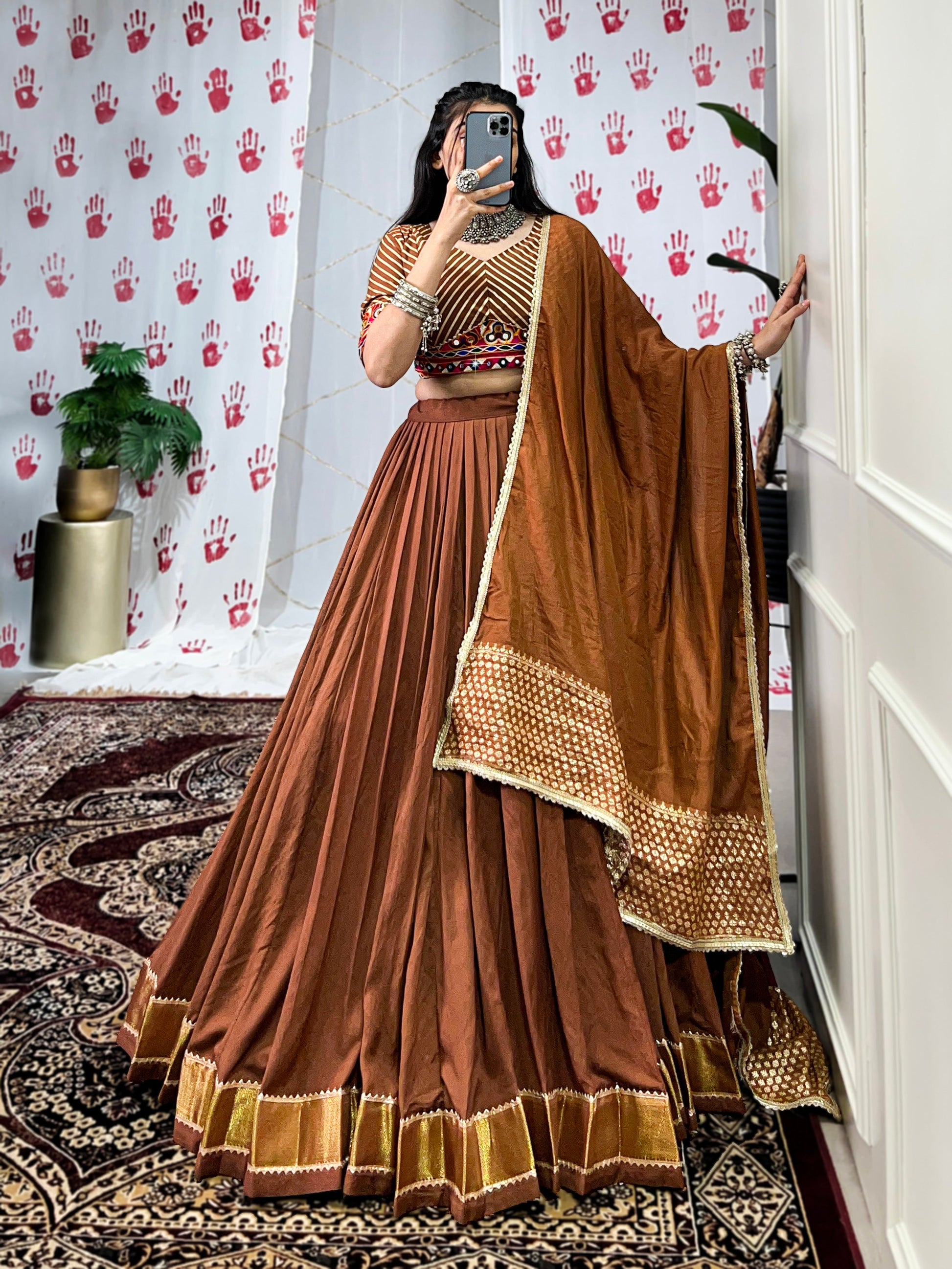 Lorenvalley Brown Pure Chanderi Zari Weaving Work With Gotta Patti Lace Touch Up Lehenga Choli with Dupatta | Swadesiicart