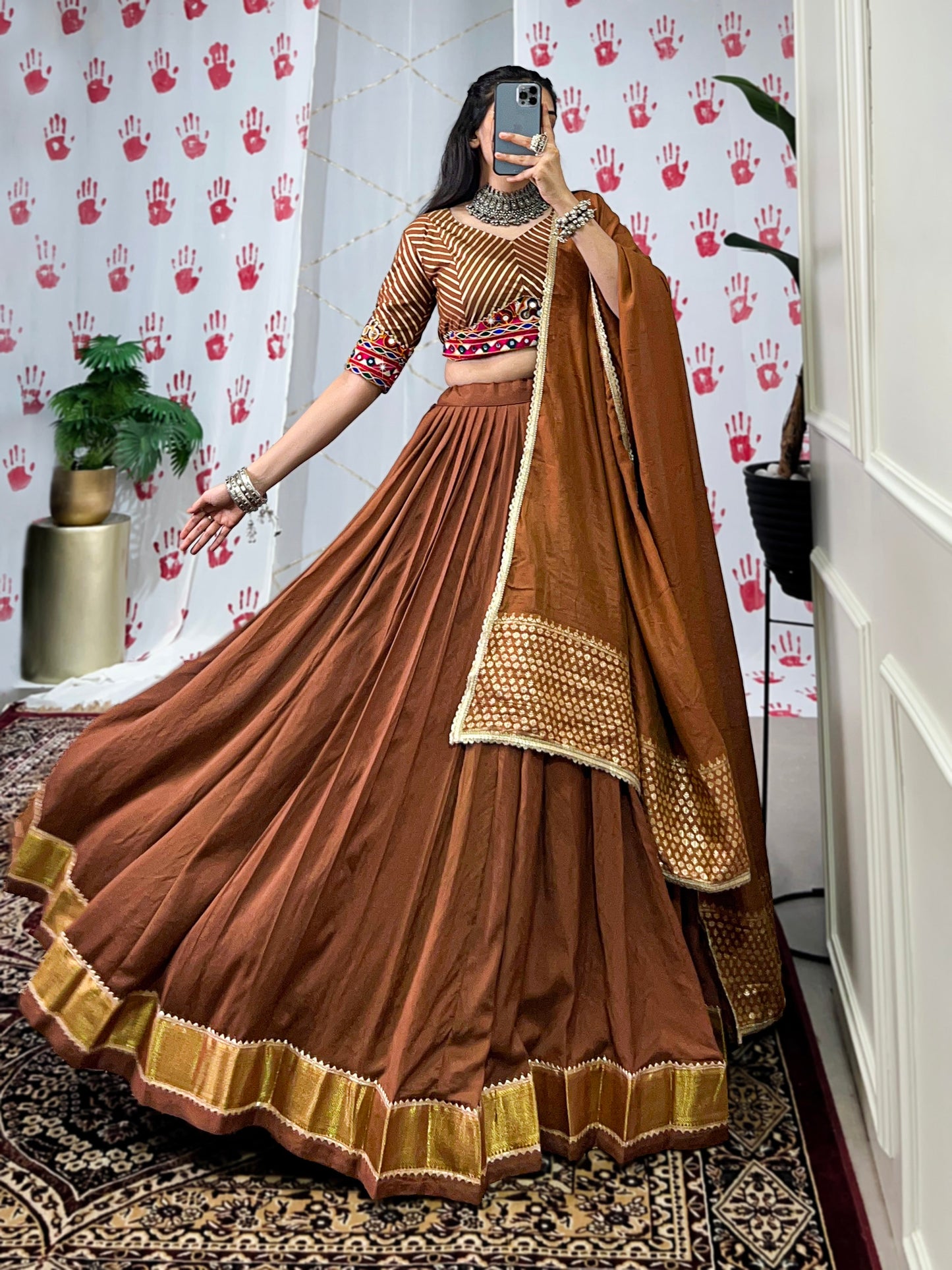 Lorenvalley Brown Pure Chanderi Zari Weaving Work With Gotta Patti Lace Touch Up Lehenga Choli with Dupatta | Swadesiicart