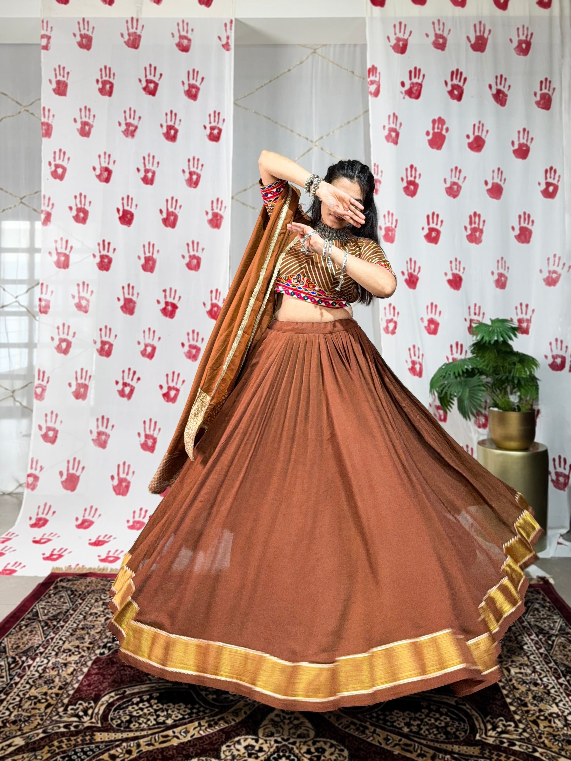 Lorenvalley Brown Pure Chanderi Zari Weaving Work With Gotta Patti Lace Touch Up Lehenga Choli with Dupatta | Swadesiicart