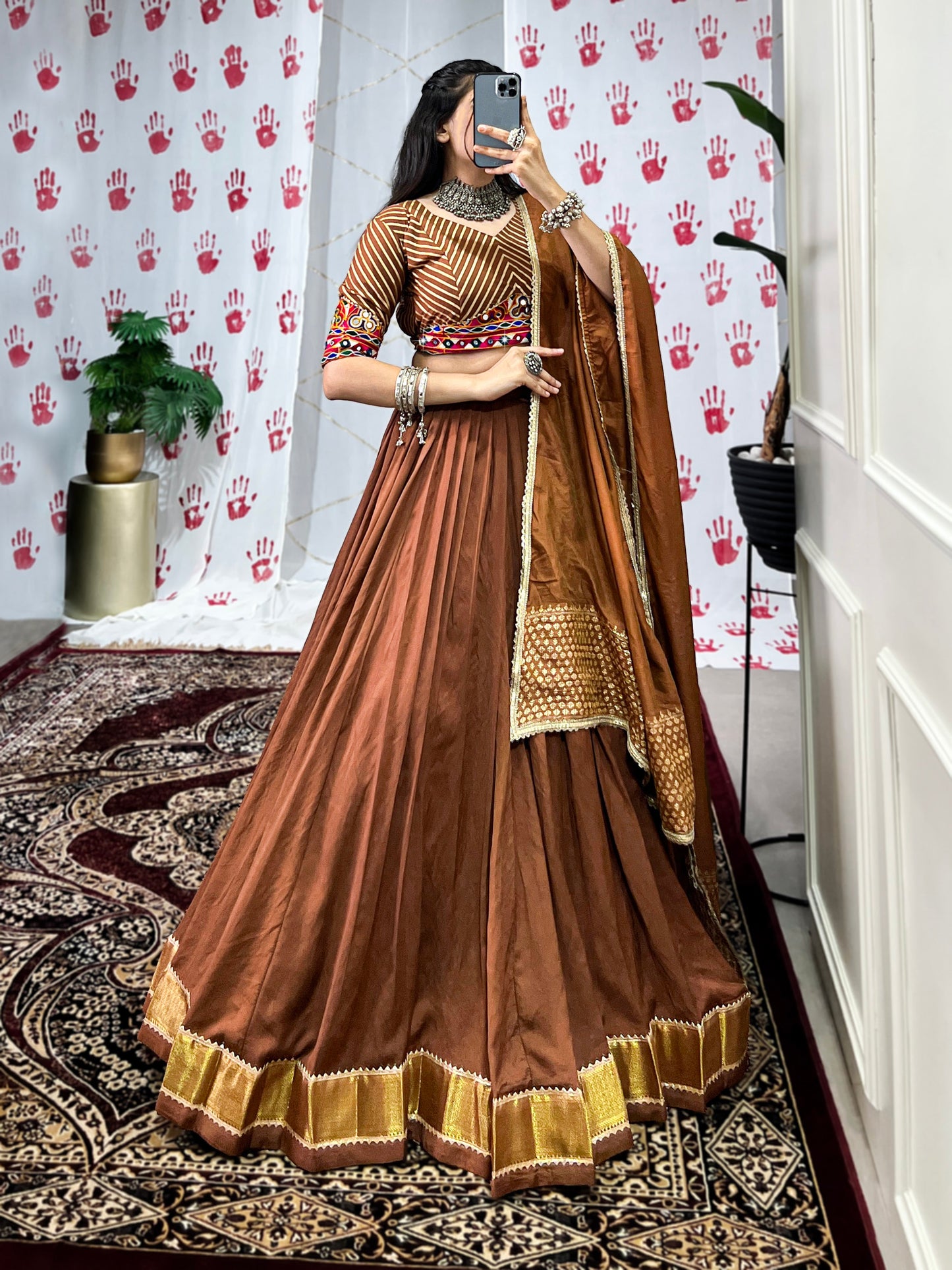 Lorenvalley Brown Pure Chanderi Zari Weaving Work With Gotta Patti Lace Touch Up Lehenga Choli with Dupatta | Swadesiicart