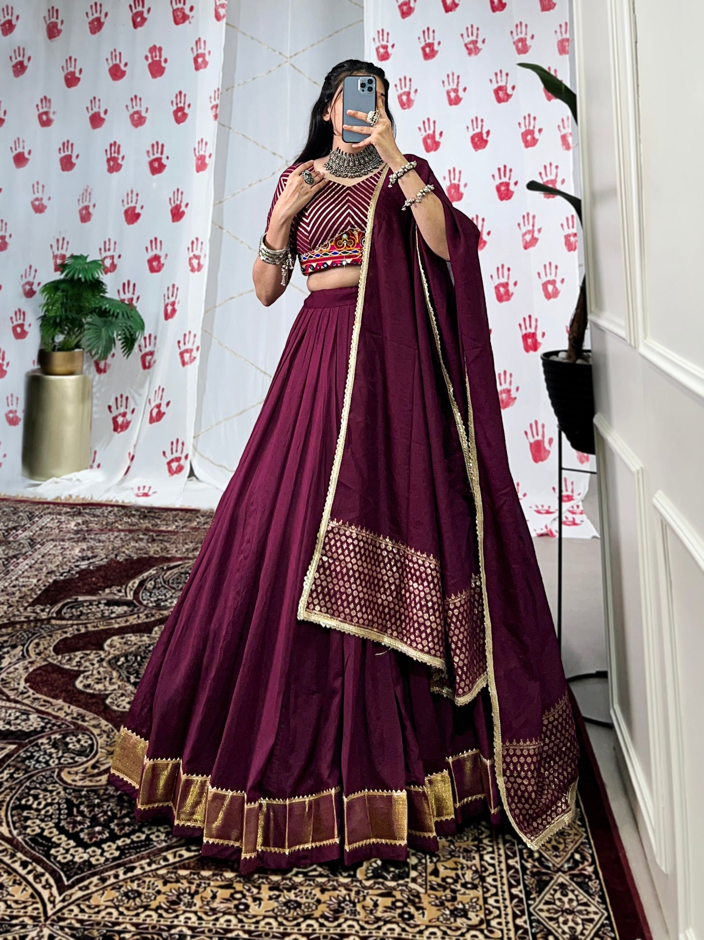 Lorenvalley Wine Pure Chanderi Zari Weaving Work With Gotta Patti Lace Touch Up Lehenga Choli with Dupatta | Swadesiicart