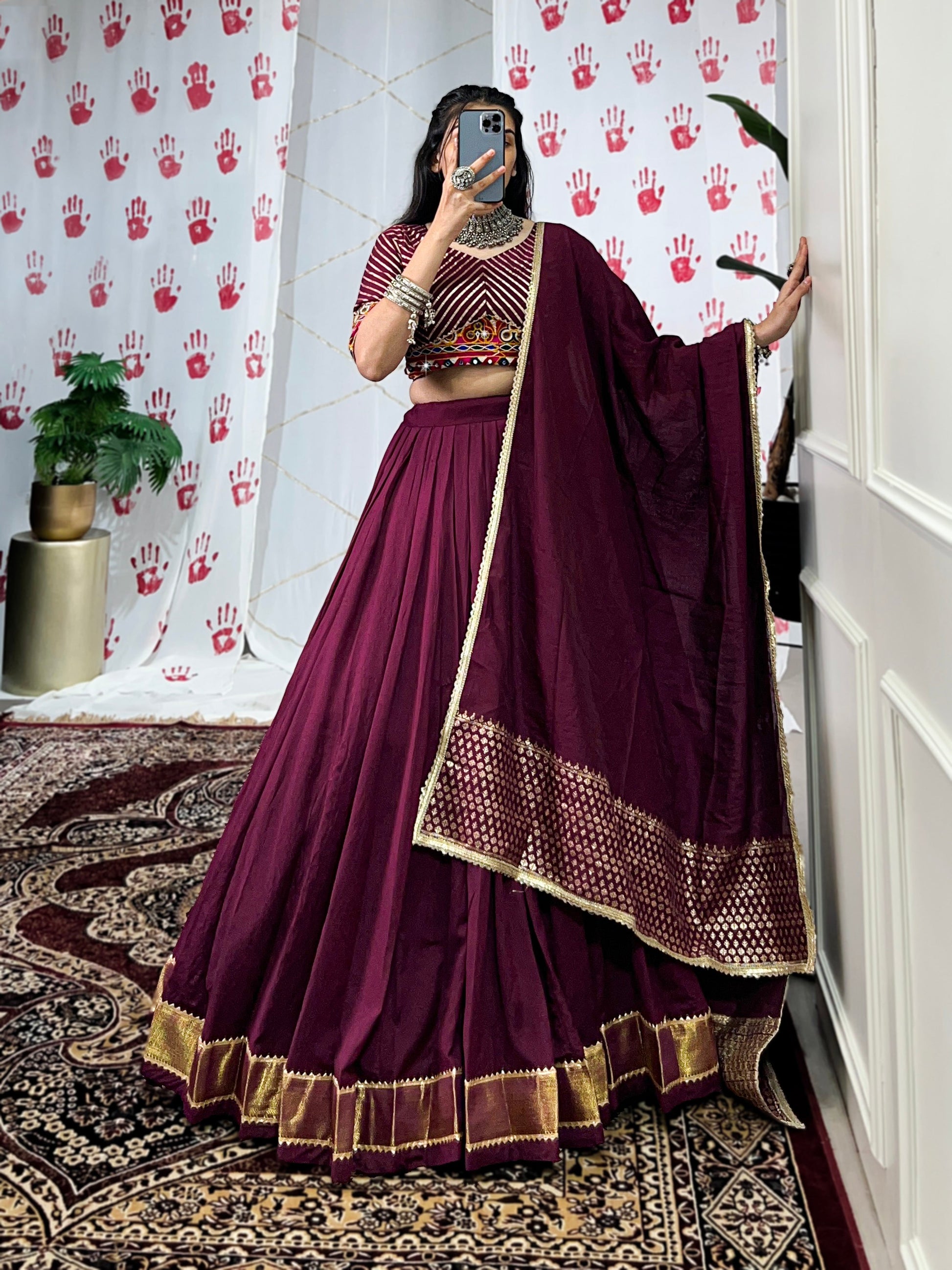 Lorenvalley Wine Pure Chanderi Zari Weaving Work With Gotta Patti Lace Touch Up Lehenga Choli with Dupatta | Swadesiicart