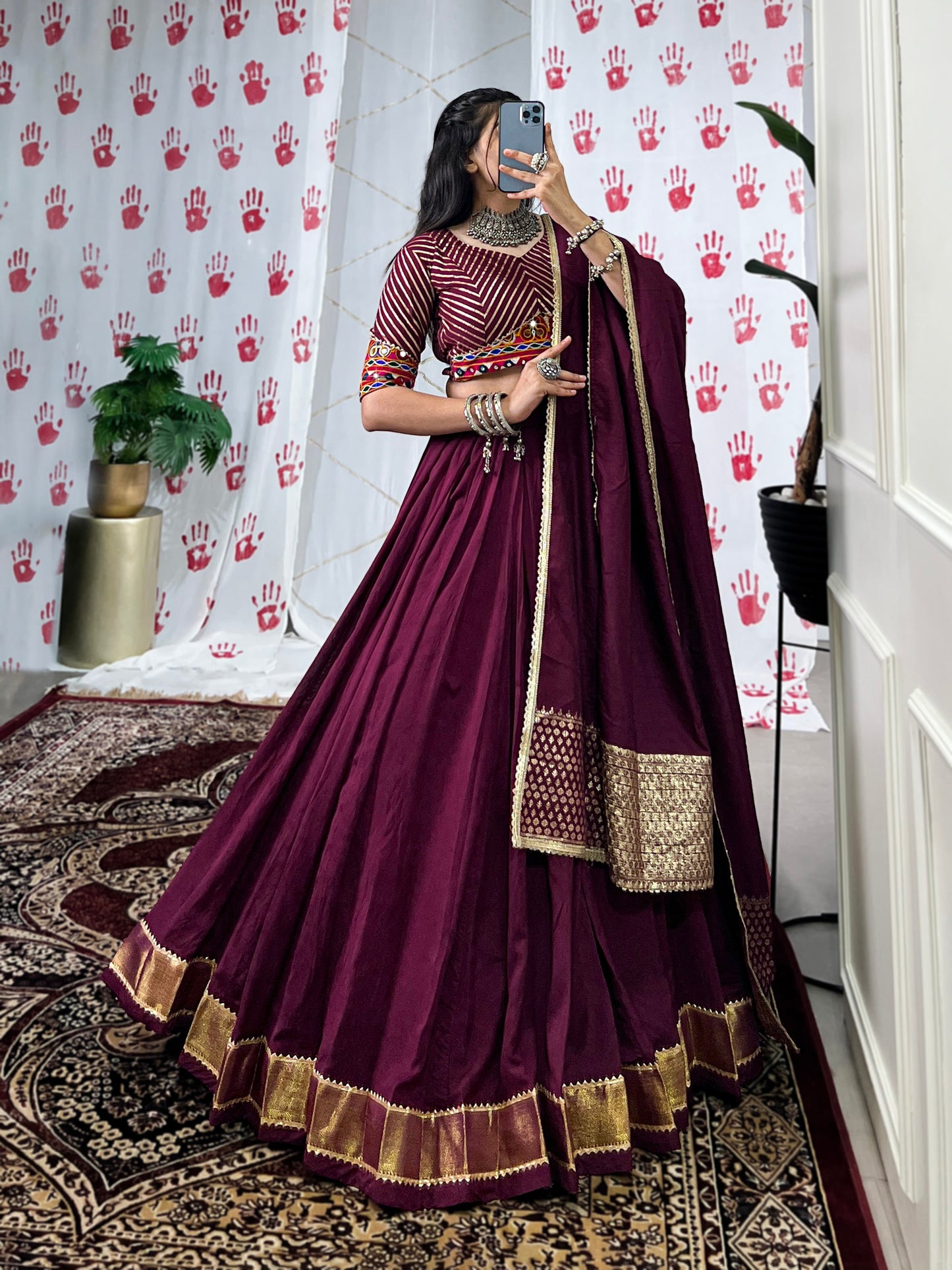 Lorenvalley Wine Pure Chanderi Zari Weaving Work With Gotta Patti Lace Touch Up Lehenga Choli with Dupatta | Swadesiicart