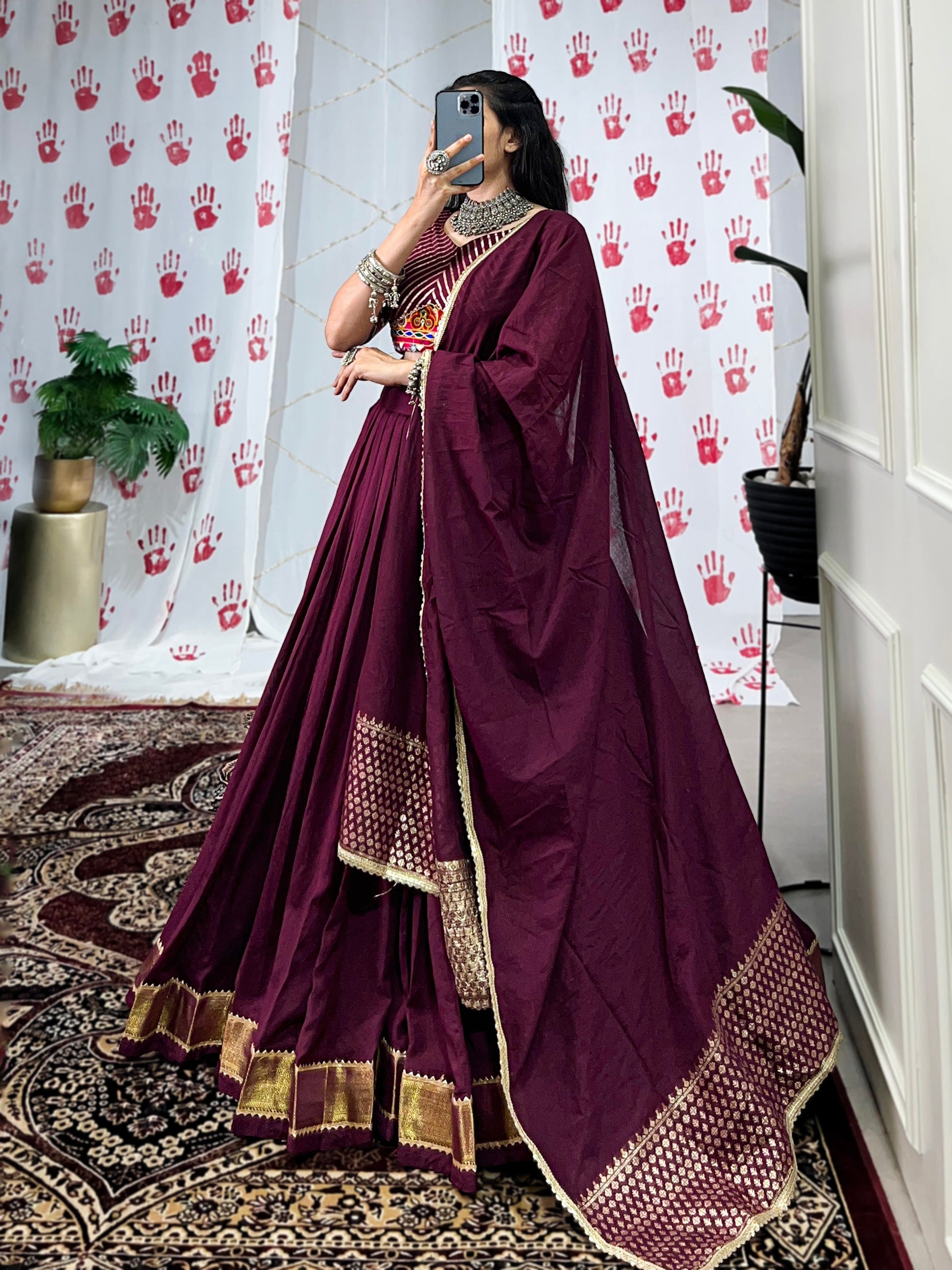Lorenvalley Wine Pure Chanderi Zari Weaving Work With Gotta Patti Lace Touch Up Lehenga Choli with Dupatta | Swadesiicart