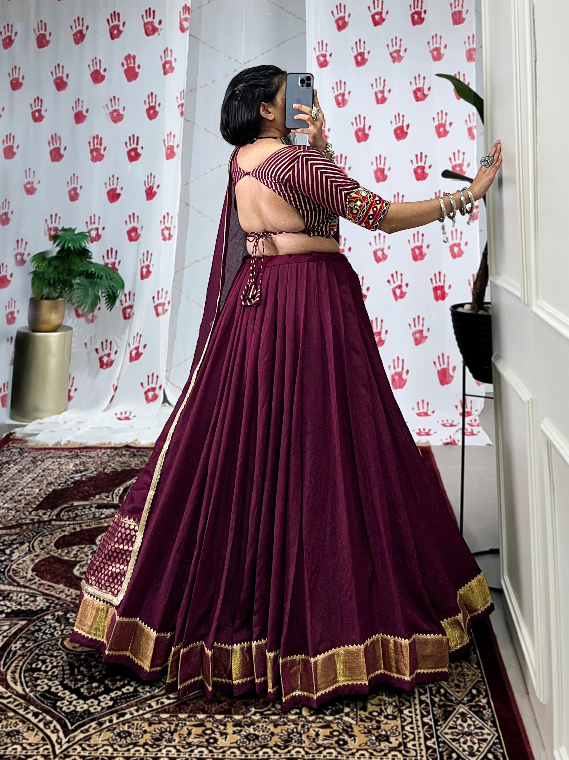 Lorenvalley Wine Pure Chanderi Zari Weaving Work With Gotta Patti Lace Touch Up Lehenga Choli with Dupatta | Swadesiicart