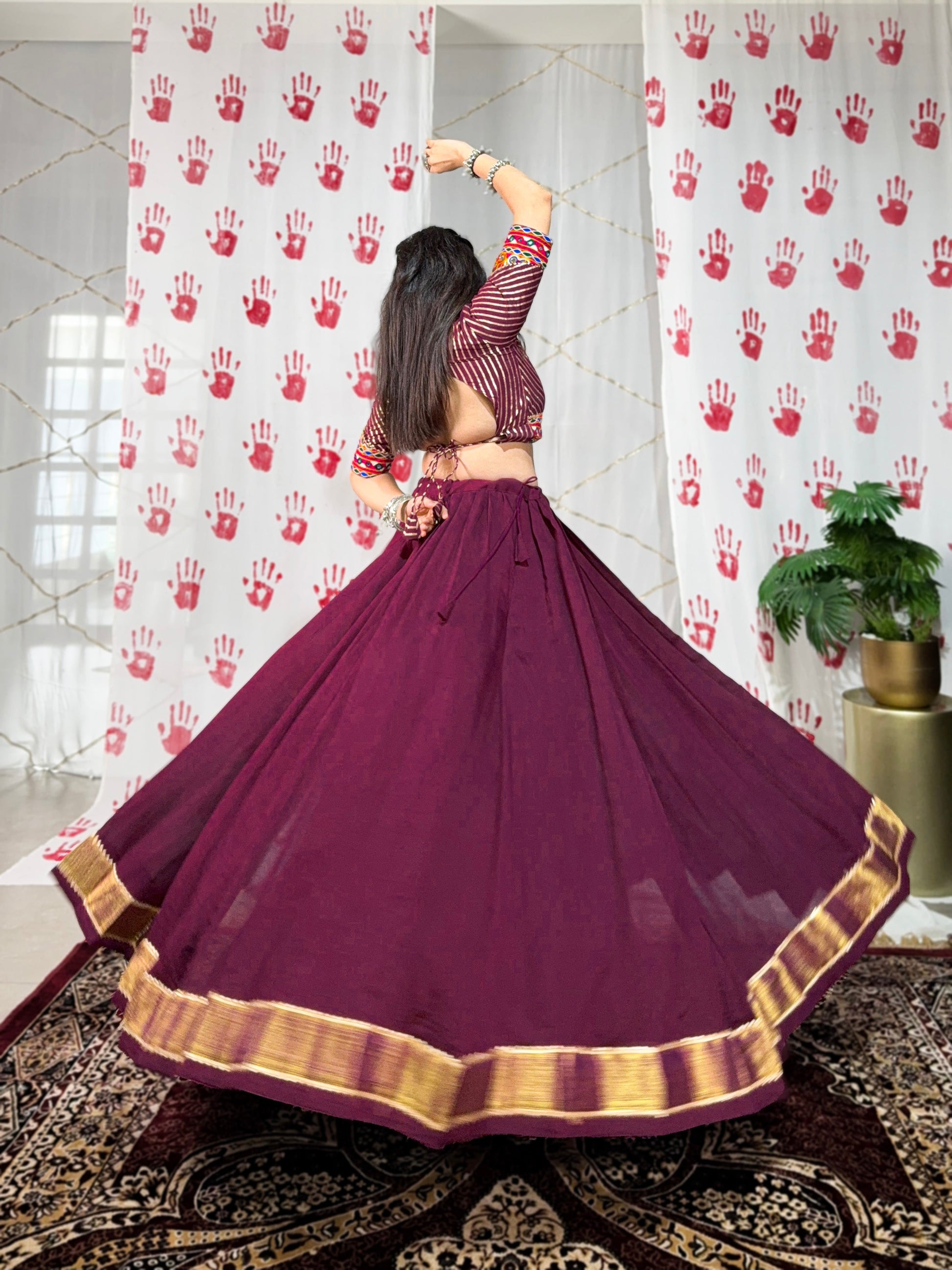 Lorenvalley Wine Pure Chanderi Zari Weaving Work With Gotta Patti Lace Touch Up Lehenga Choli with Dupatta | Swadesiicart