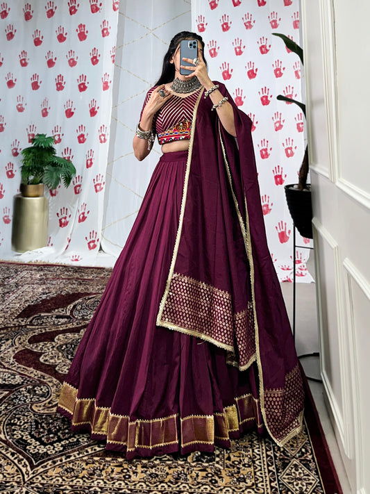 Lorenvalley Wine Pure Chanderi Zari Weaving Work With Gotta Patti Lace Touch Up Lehenga Choli with Dupatta | Swadesiicart