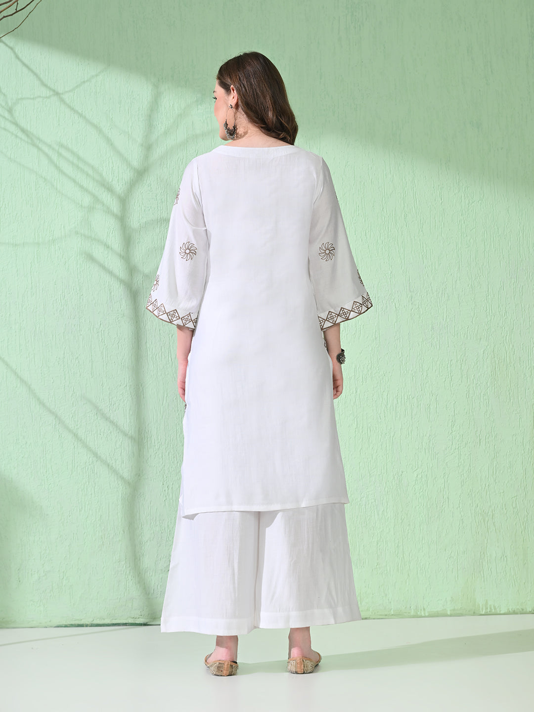 Myshka Women's Embroidered Calf Length White Kurta With Palazzo - Swadesiicart
