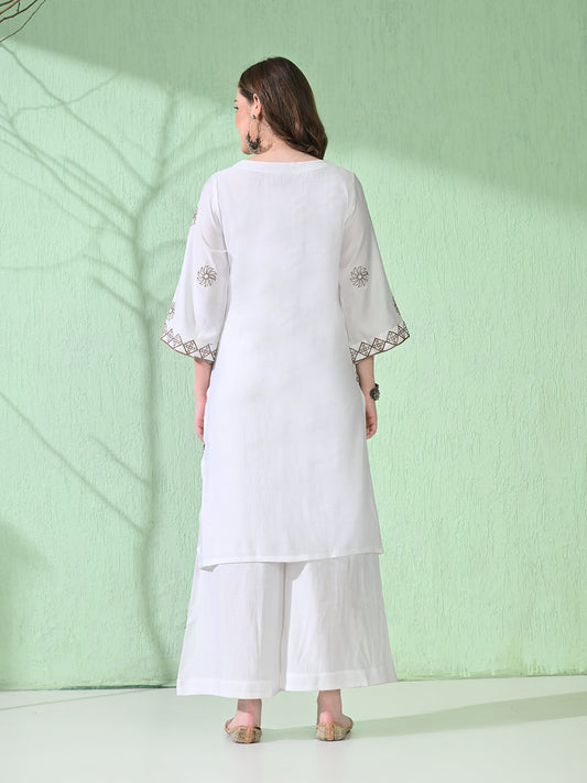 Myshka Women's Embroidered Calf Length White Kurta With Palazzo - Swadesiicart
