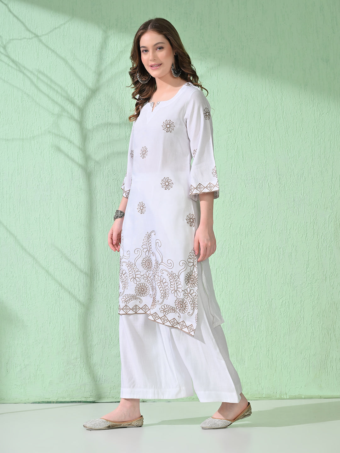 Myshka Women's Embroidered Calf Length White Kurta With Palazzo - Swadesiicart