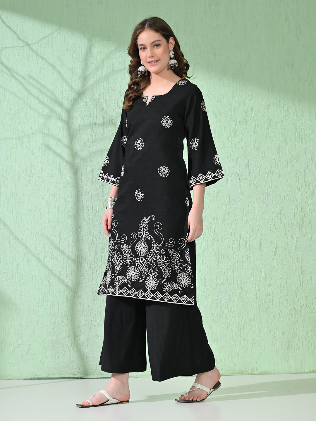 Myshka Women's Embroidered Calf Length Black Kurta With Palazzo - Swadesiicart