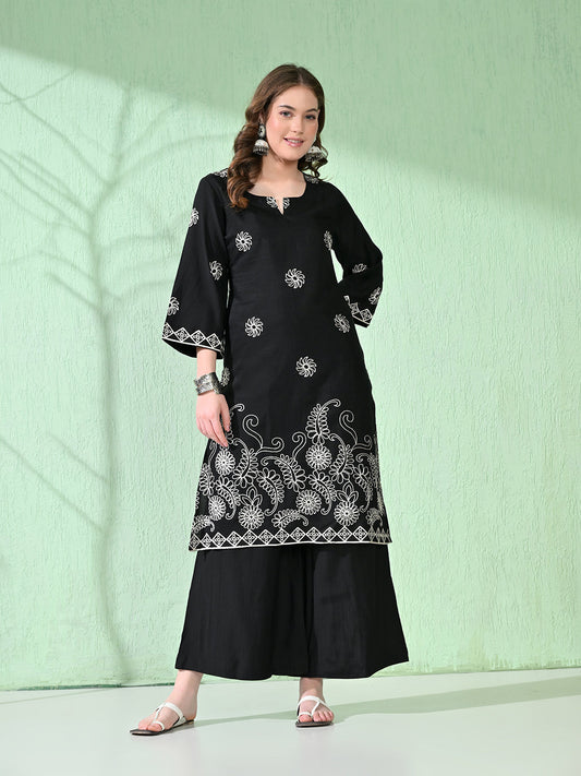 Myshka Women's Embroidered Calf Length Black Kurta With Palazzo - Swadesiicart