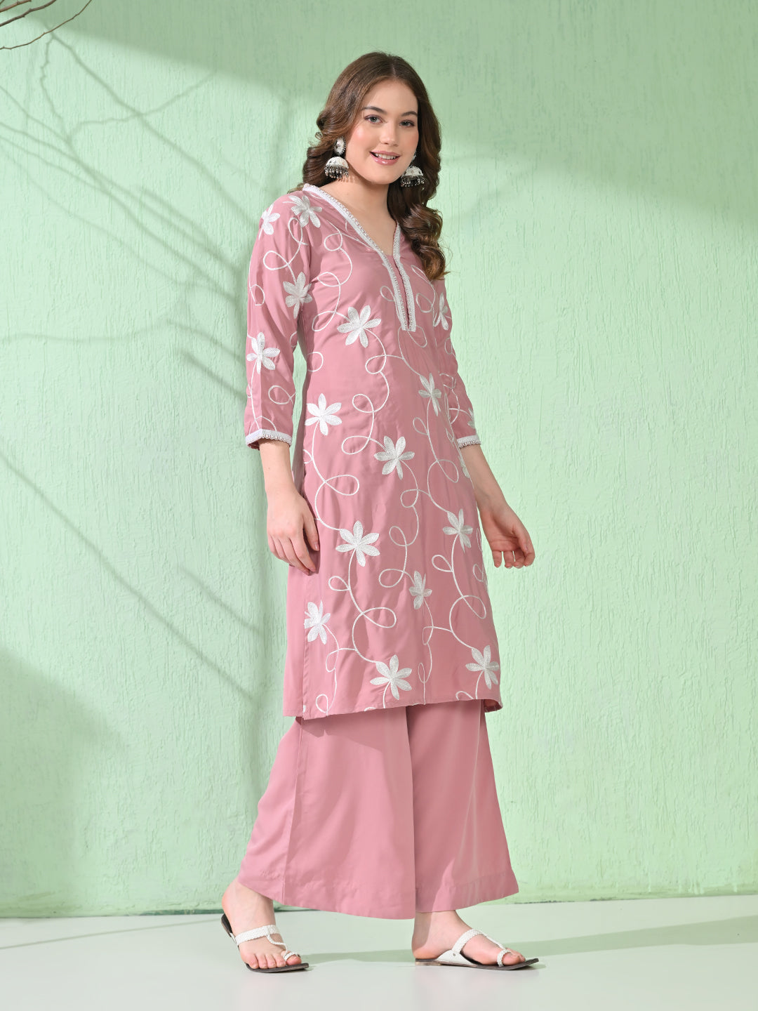 Myshka Women's Embroidered Calf Length Pink Kurta With Palazzo - Swadesiicart
