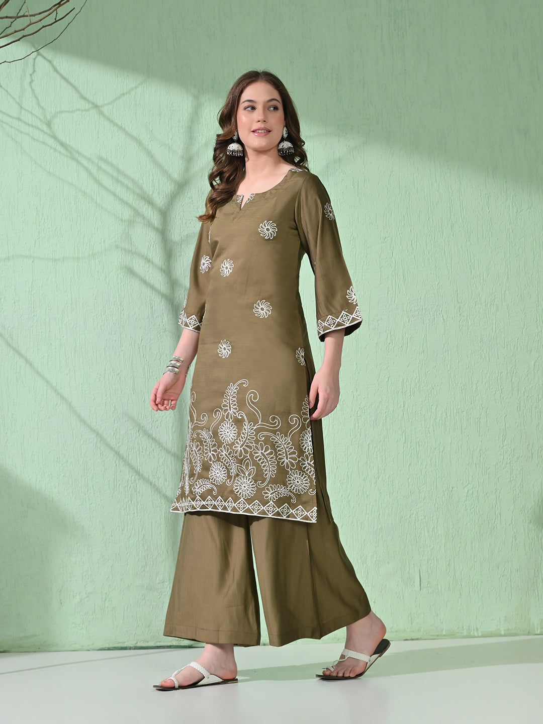 Myshka Women's Embroidered Calf Length Olive Kurta With Palazzo - Swadesiicart
