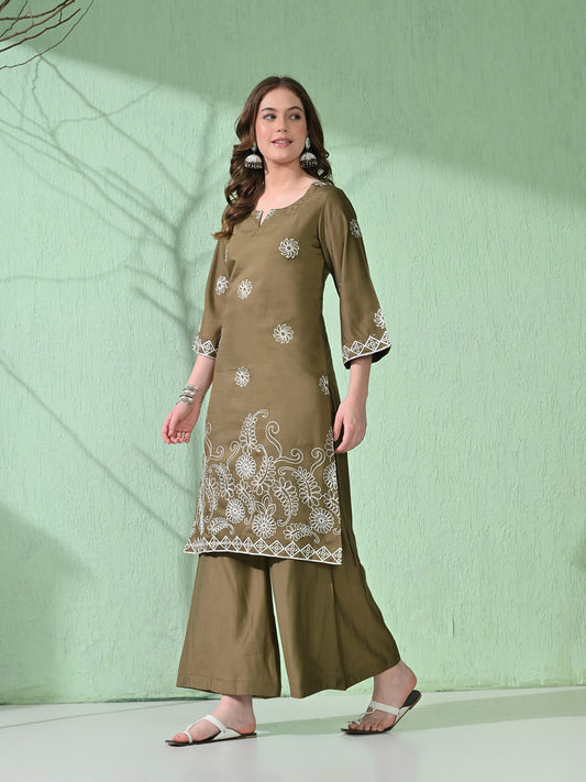 Myshka Women's Embroidered Calf Length Olive Kurta With Palazzo - Swadesiicart