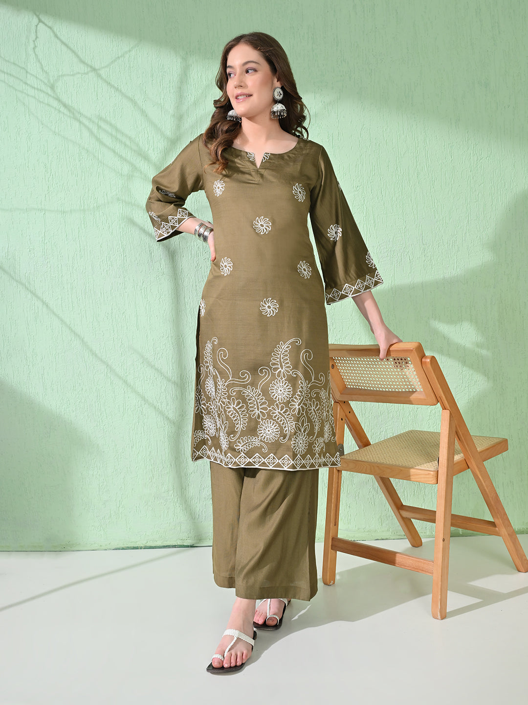 Myshka Women's Embroidered Calf Length Olive Kurta With Palazzo - Swadesiicart