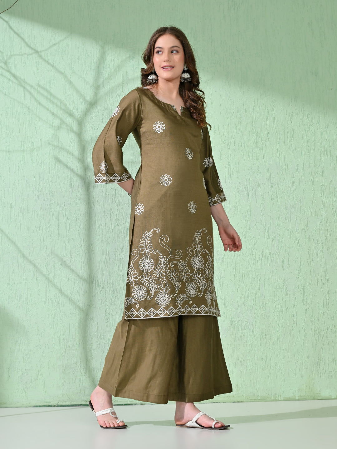 Myshka Women's Embroidered Calf Length Olive Kurta With Palazzo - Swadesiicart