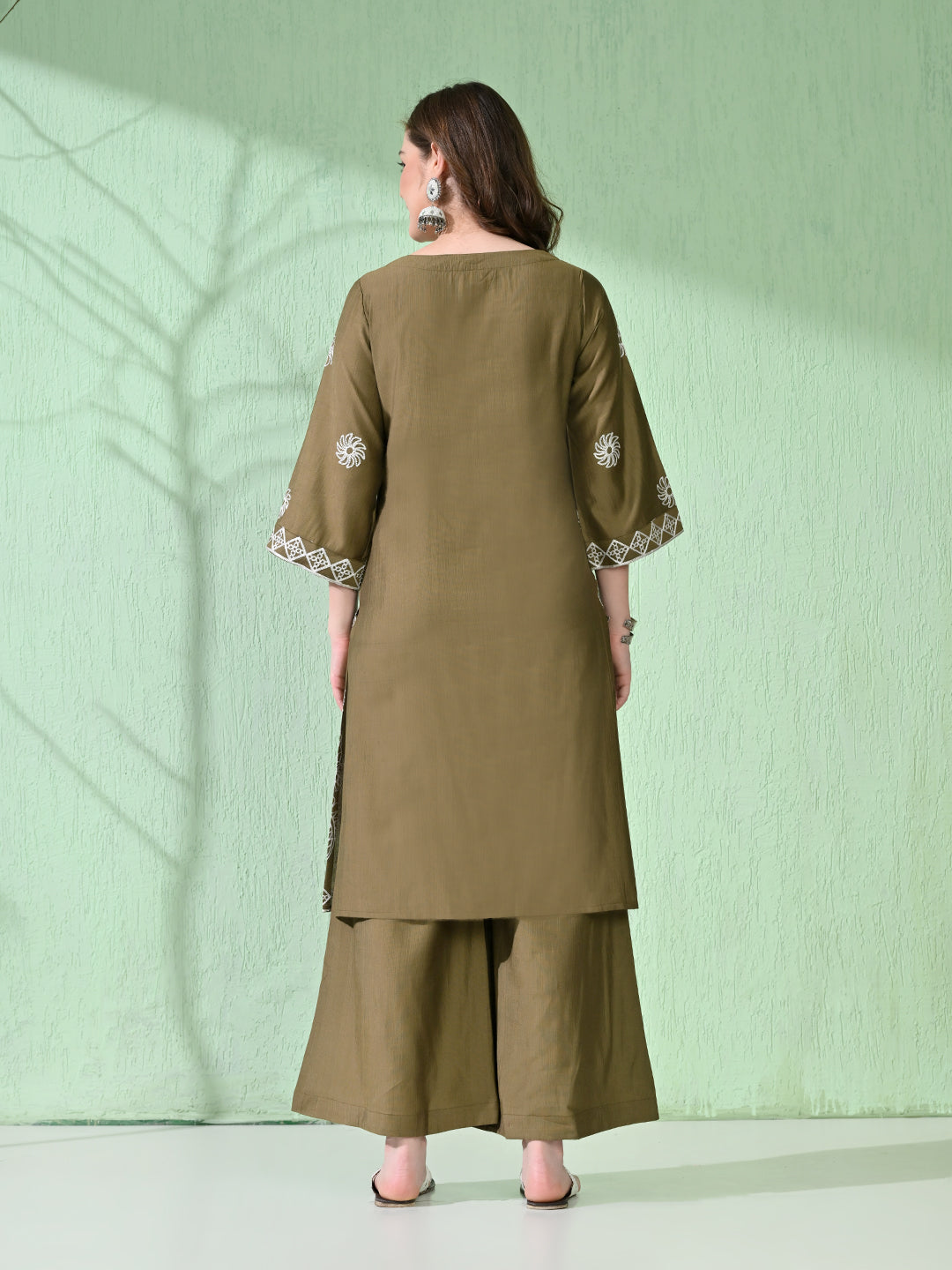 Myshka Women's Embroidered Calf Length Olive Kurta With Palazzo - Swadesiicart