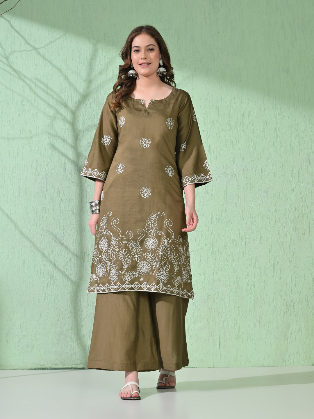 Myshka Women's Embroidered Calf Length Olive Kurta With Palazzo - Swadesiicart