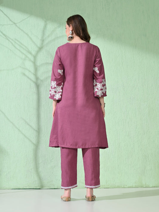 Myshka Women's Embroidered Calf Length Mauve Kurta With Palazzo - Swadesiicart