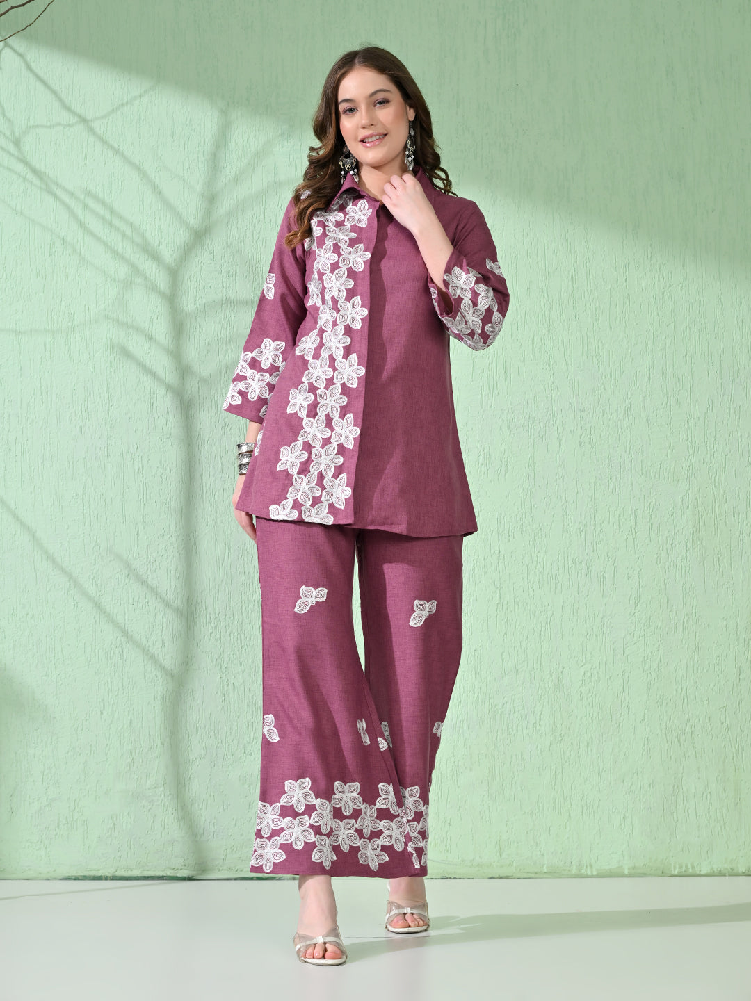 Myshka Women's Floral Embroidered Pink Tunic with Trouser - Swadesiicart