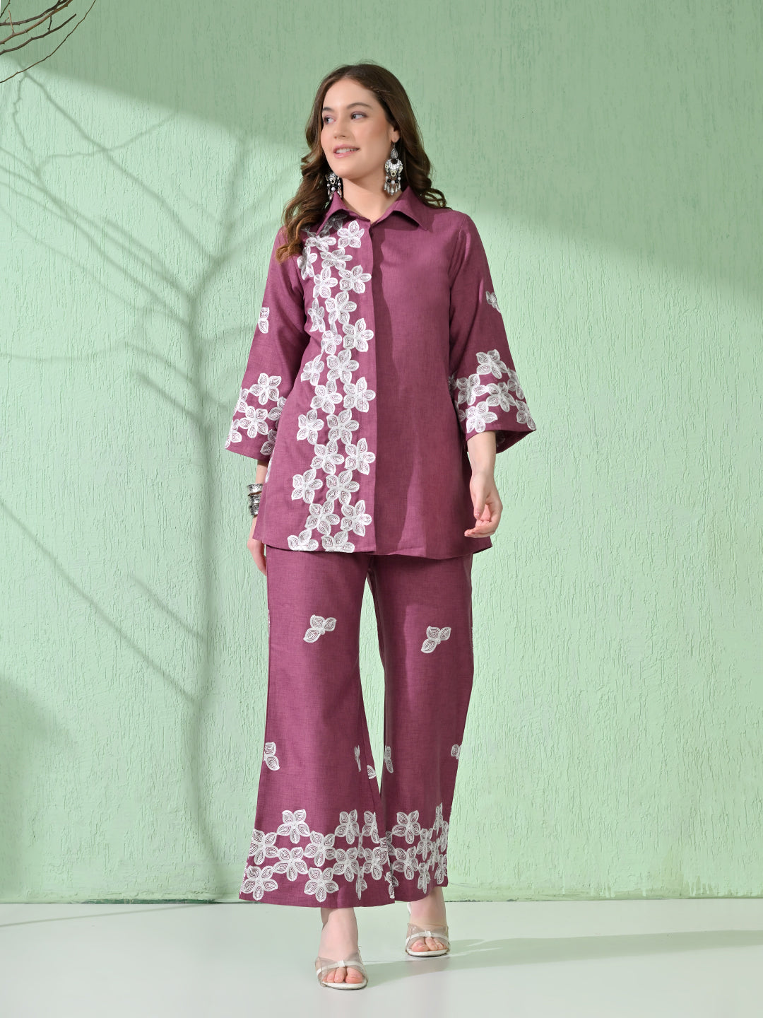 Myshka Women's Floral Embroidered Pink Tunic with Trouser - Swadesiicart