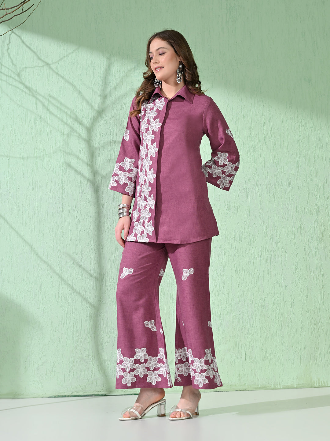Myshka Women's Floral Embroidered Pink Tunic with Trouser - Swadesiicart