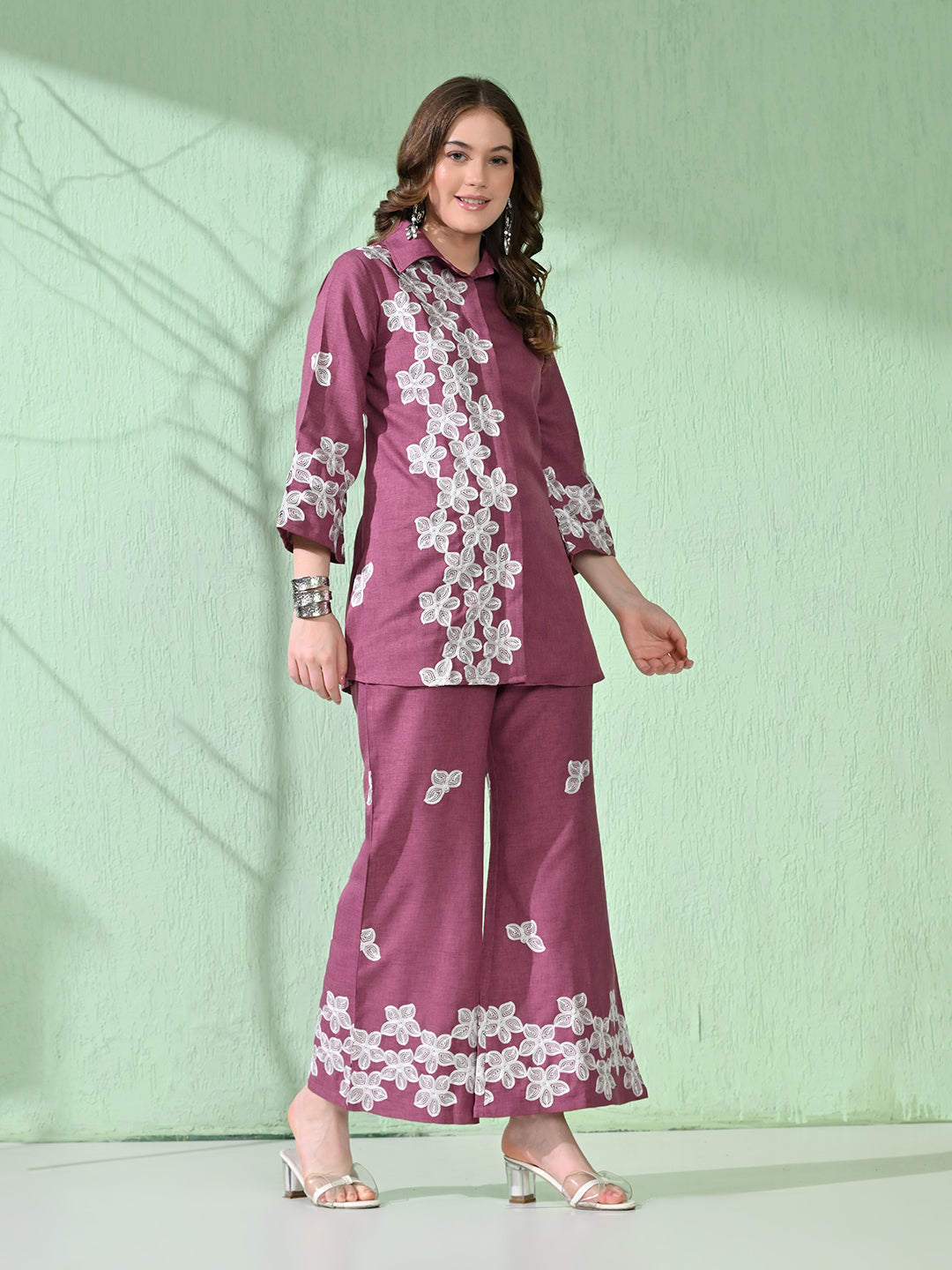 Myshka Women's Floral Embroidered Pink Tunic with Trouser - Swadesiicart