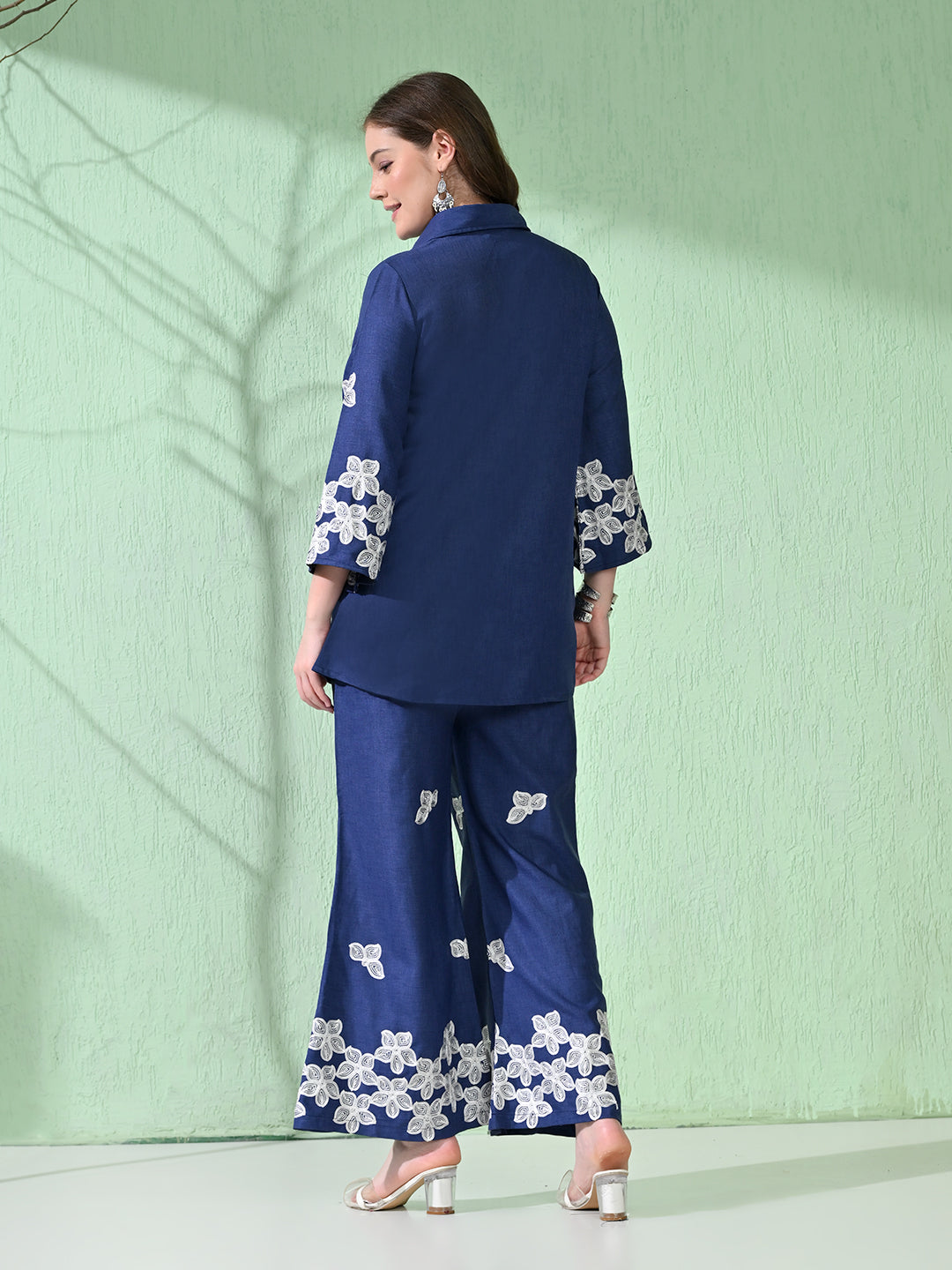 Myshka Women's Floral Embroidered Navy Tunic with Trouser - Swadesiicart