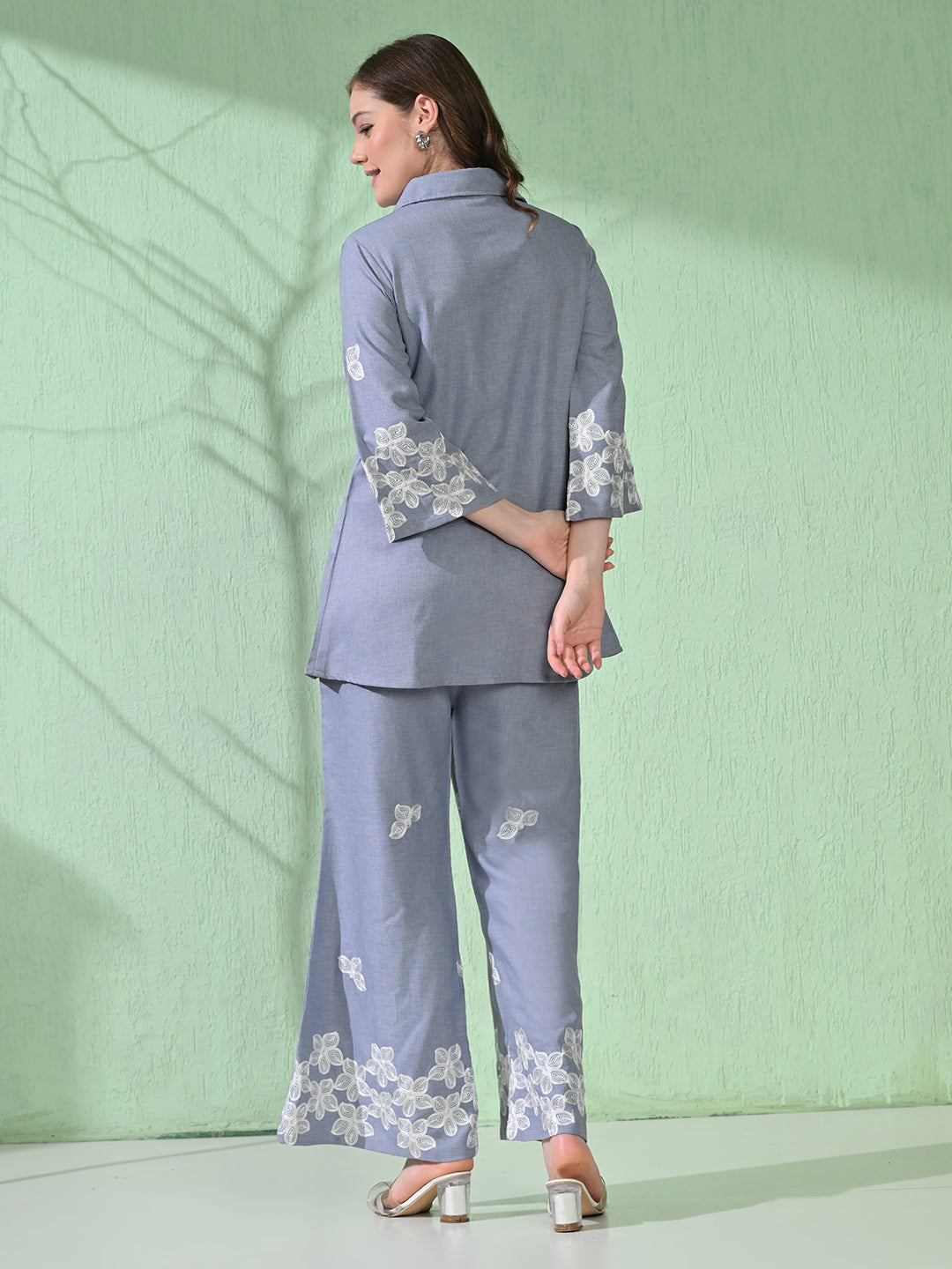 Myshka Women's Floral Embroidered SkyBlue Tunic with Trouser - Swadesiicart