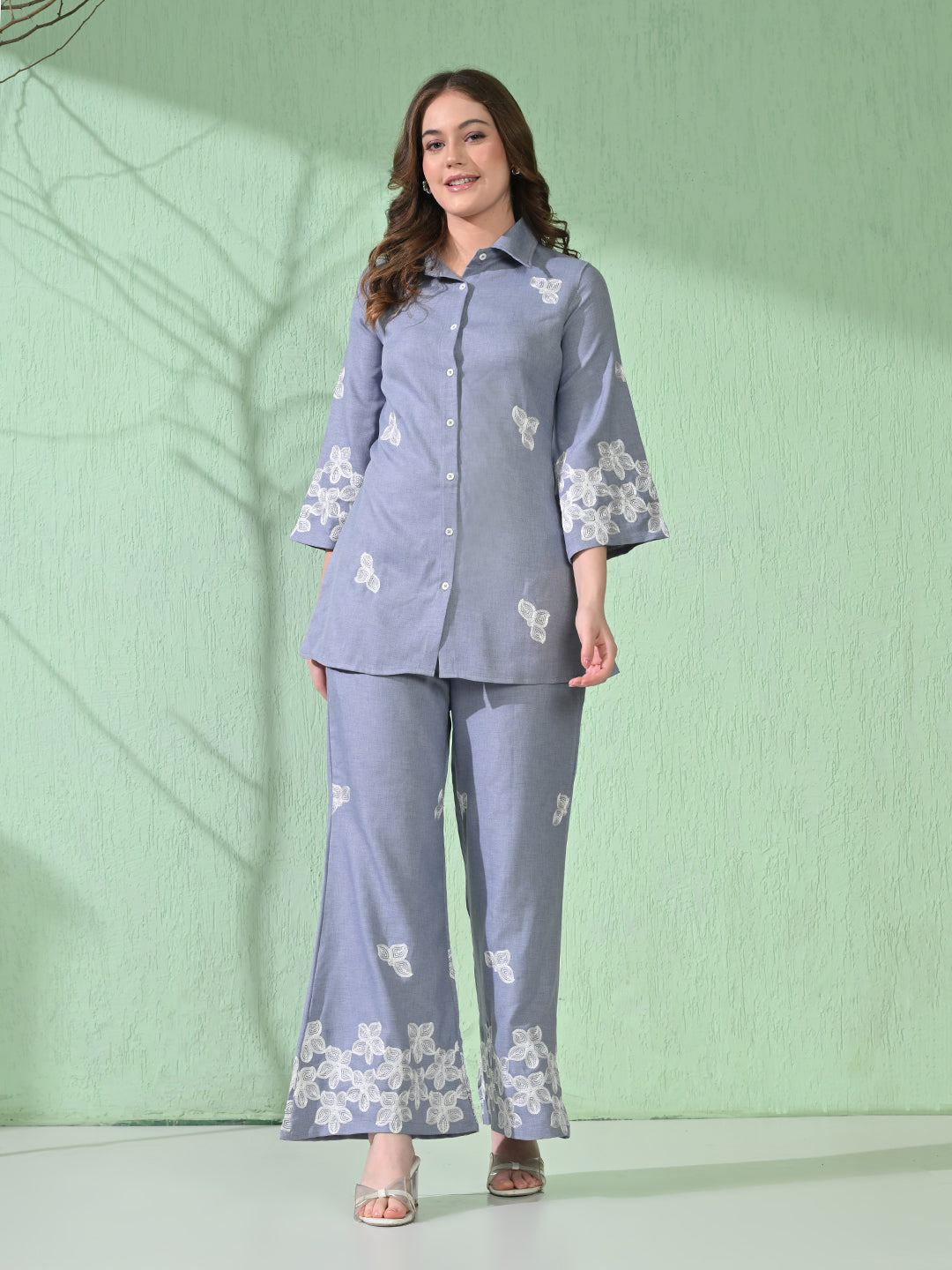 Myshka Women's Floral Embroidered SkyBlue Tunic with Trouser - Swadesiicart