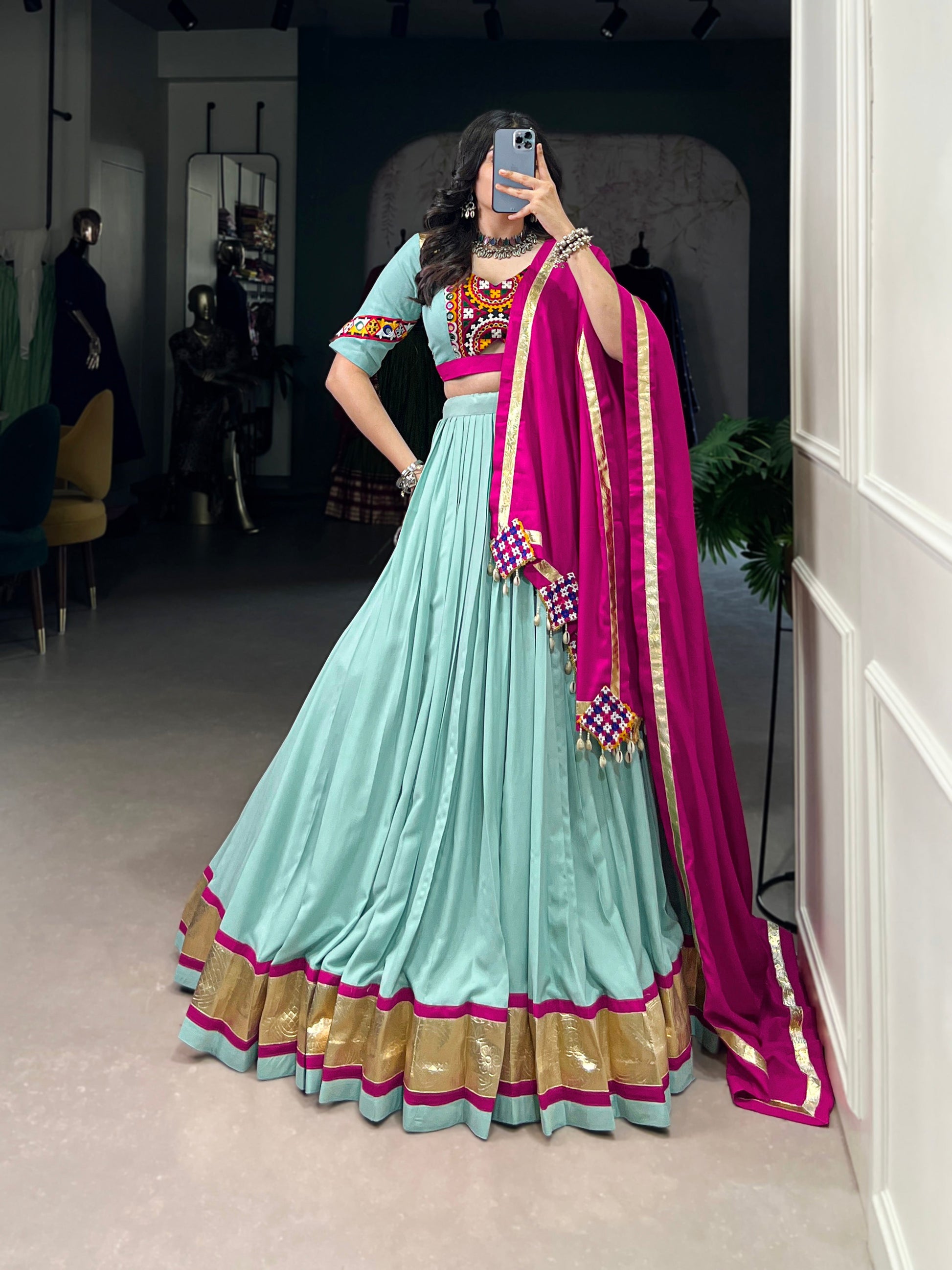 Lorenvalley Seagreen Pure Rayon Embossed Design Lace Touch Up Lehenga Choli with Dupatta | Swadesiicart