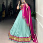 Lorenvalley Seagreen Pure Rayon Embossed Design Lace Touch Up Lehenga Choli with Dupatta | Swadesiicart