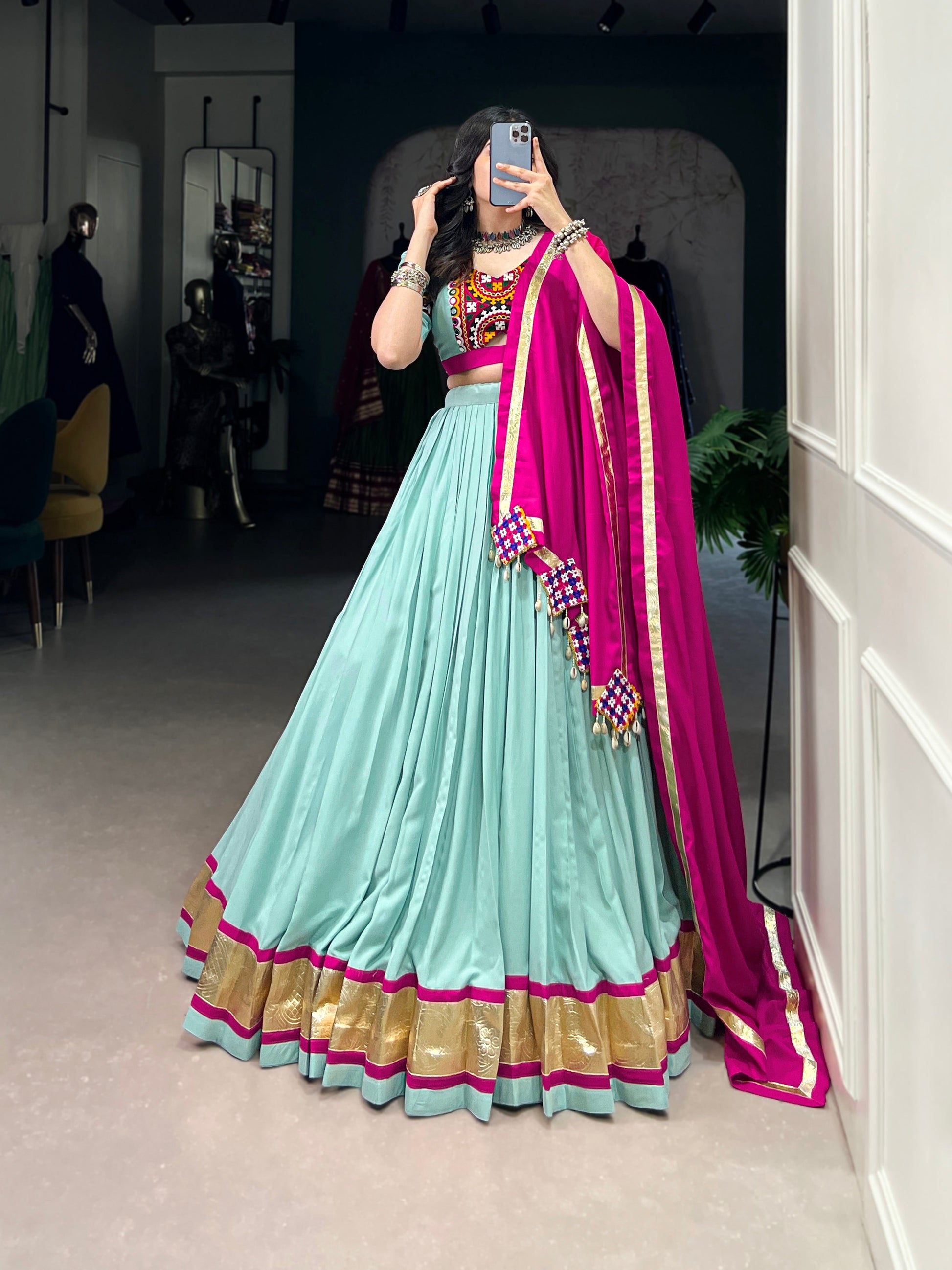 Lorenvalley Seagreen Pure Rayon Embossed Design Lace Touch Up Lehenga Choli with Dupatta | Swadesiicart