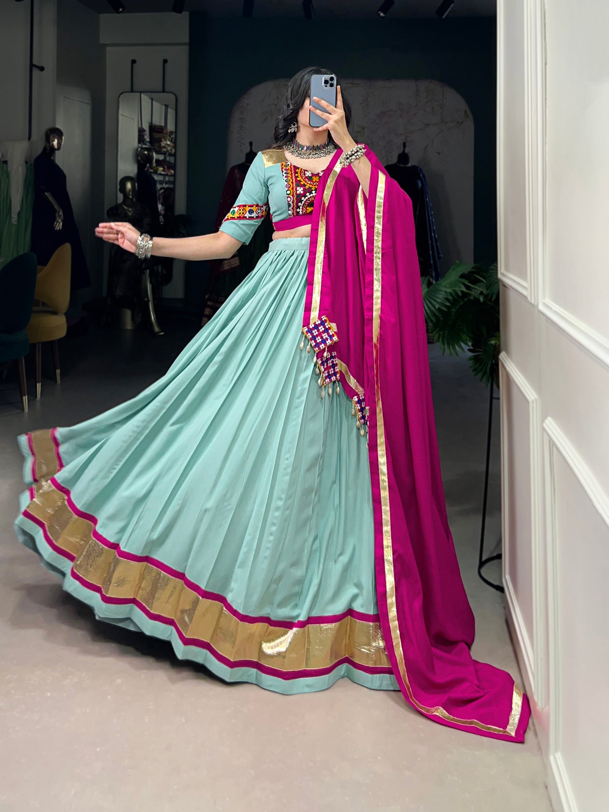 Lorenvalley Seagreen Pure Rayon Embossed Design Lace Touch Up Lehenga Choli with Dupatta | Swadesiicart