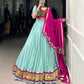Lorenvalley Seagreen Pure Rayon Embossed Design Lace Touch Up Lehenga Choli with Dupatta | Swadesiicart