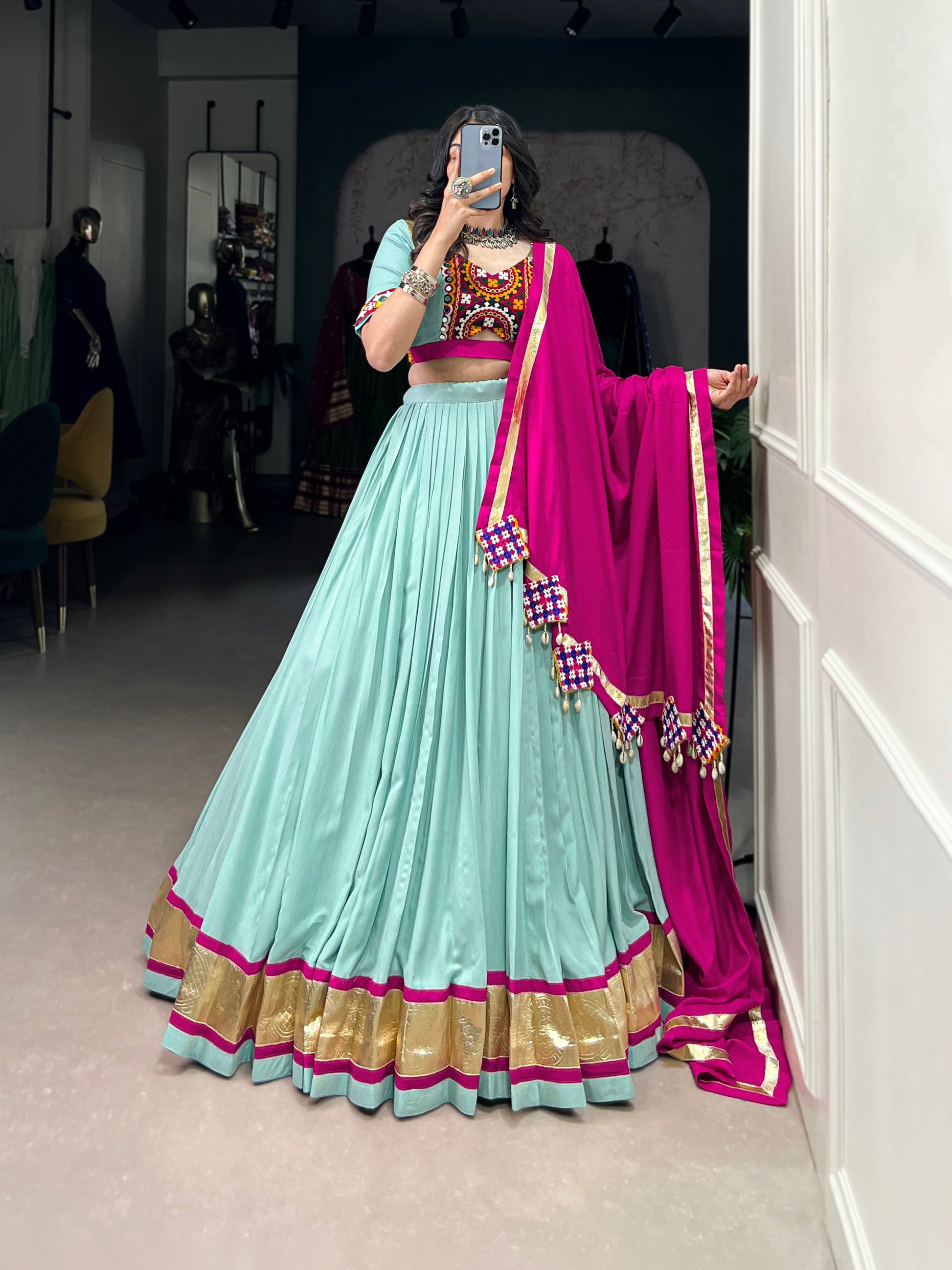Lorenvalley Seagreen Pure Rayon Embossed Design Lace Touch Up Lehenga Choli with Dupatta | Swadesiicart