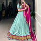 Lorenvalley Seagreen Pure Rayon Embossed Design Lace Touch Up Lehenga Choli with Dupatta | Swadesiicart
